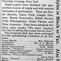          cr1896052901-96Commencement.jpg; Saugatuck High School Class of 1896 commencement held at Upham's Opera House. Eight pupils Bessie Bandle, Jason Dick, Joseph Zwemer, Harry Newcombe, Edith Brown, John Schumacher, Pearl Phelps and Bina Annesley
   