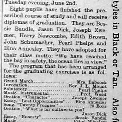 cr1896052901-96Commencement.jpg: Saugatuck High School Class of 1896 commencement held at Upham's Opera House. Eight pupils Bessie Bandle, Jason Dick, Joseph Zwemer, Harry Newcombe, Edith Brown, John Schumacher, Pearl Phelps and Bina Annesley