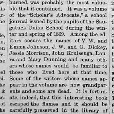 cr1897030501ScholarsAdvocate-SaugSchoolHistory.jpg: "Scholar's Advocate" 1869 journal by V.W. Johnson, Emma Johnson, J.W. Dickey, O. Dickey, Jessie Morrison, John Kruisenga, Laura Dunning, Mary Dunning