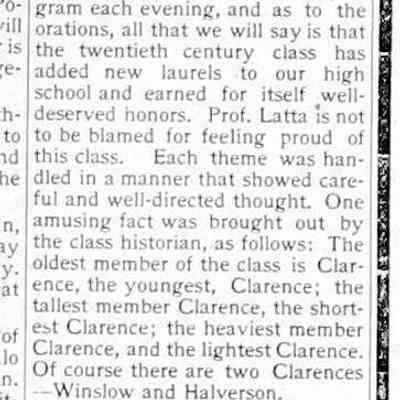 cr1901053105 1901Commencement.jpg: Class of 1901: Jennie Veits, Howard Coates, Clarence Halverson, Marie Upham, Olive Ludwig, Lewis Knox, Florence Miller, Lottie Hancock, John Blink, Mame Schumacher, Clarence Winslow, Faith Kirby, Louise Walz, Robert Olson, Ethel Winslow and Mattie Hirner.