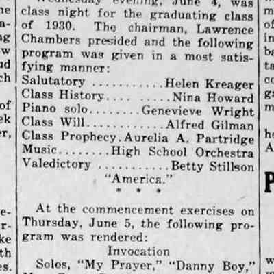 cr1930060601SHSClassNight.jpg: 1930 class including Lawrence Chambers, Helen Kreager, Nina Howard, Genevieve Wright, Alfred Gilman, Aurelia A. Partridge, Betty Stillson