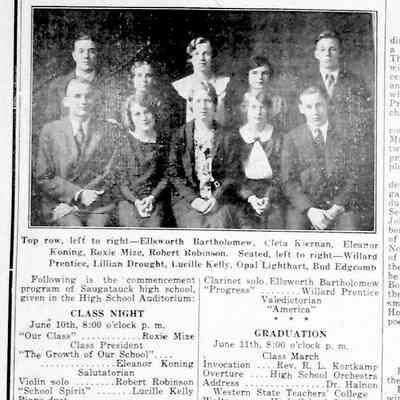 cr1931060501HSGradClass.jpg: Class of 1931: Ellsworth Bartholomew, Cleta Kiernan, Eleanor Koning, Roxie Mize, Robert Robinson, Willard Prentice, Lillian Drought, Lucille Kelly, Opal Lighteart, Bud Edgcomb