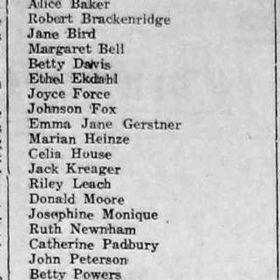 cr1939060208SHSGraduates.jpg: Class of 1939 Alice Baker, Robert Brackenridge, Jane Bird, Margaret Bell, Betty Davis, Ethel Ekdahl, Johnson Fox, Emma Jane Gerstner, Marian Heinze, Celia House, Jack Kreager, Riley Leach, Donald Moore, Josehine Monique, Ruth Newnham, Catherine Padbury, John Peterson, Betty Powers, Olive Reeks, Lucile Slater, Edward Sandtner, Harry Sundin, Mary Jane Troutman, Carl Wicks