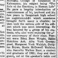          cr1945061508AlumniAnn52nd-MrsHeathGivesSecretaryReport-2.jpg; 2nd half of article about 1945 alumni event - Dale Crow toastmaster, Kay Douma, Donald Sessions, Edna Barr Wright, Helen Hutchins Ash, Alta Vork Grevengoed, Margaret Vork Waldyk, Douglas Bryan, Marie McDowell Walkey, Jeanette Walker Barr
   