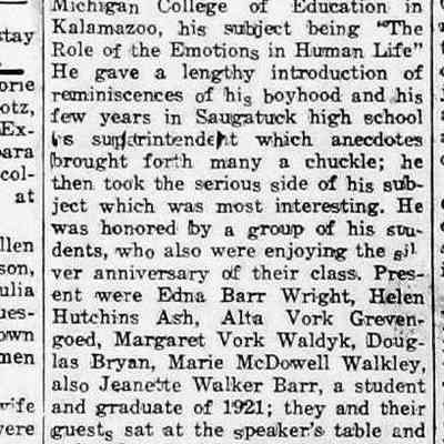 cr1945061508AlumniAnn52nd-MrsHeathGivesSecretaryReport-2.jpg: 2nd half of article about 1945 alumni event - Dale Crow toastmaster, Kay Douma, Donald Sessions, Edna Barr Wright, Helen Hutchins Ash, Alta Vork Grevengoed, Margaret Vork Waldyk, Douglas Bryan, Marie McDowell Walkey, Jeanette Walker Barr