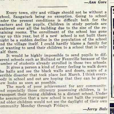 cr1950101309LettertoEditor-JerryBale.jpg: 1950 appeal by Jerry Bale to rebuild the school after fire.