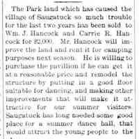          cr1903010905ParkLandSold.jpg 31KB; The park land which has caused the village so much trouble for the last two years has been sold to William J. Hancock and Carrie R. Hancock
   