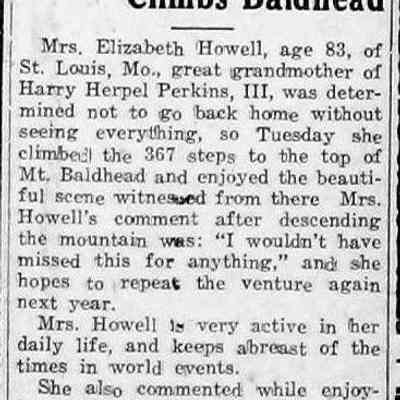 cr1940081601MrsHowellClimbsBaldhead.jpg 51KB: 83-year-old Mrs. Elizabeth Howell of St. Louis, MO climbs the 367 steps.