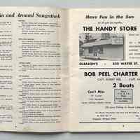          To-do's include , Willow Bend Farm, Huntree Nursery, Wavecrest Nursery, fishing fleet dock at Water St., beaches, charter boats, boat rides, Keewatin, Mt. Baldhead, Singapore Yacht Club, Peterson's Mill for stone ground cornmeal, Starlight drive in.
Music and dancing at Tara, Woodshed, Coral Gables, the Butler, Square dancing at Tennis Courts.
Art Galleries: Chalet, Douglas Artists' Workshop, W. Russel Button, Goldbeaters, Ducan Outdoor Gallery, Rosemarie Sheffield, Left Bank, Taylor, Gray Gables, Circa, Prajna, White House, Tadlow's, Discovery Shop
Ads for Gleason's Handy Store, Bob and Mike Peel fishing charter service.
   