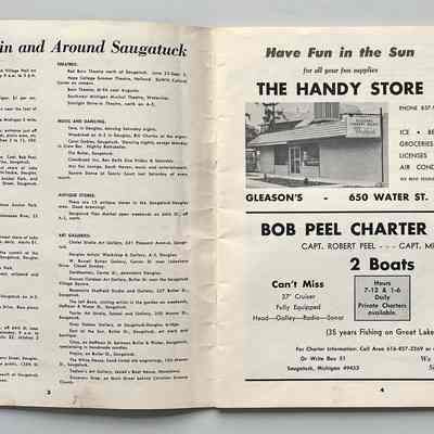 To-do's include , Willow Bend Farm, Huntree Nursery, Wavecrest Nursery, fishing fleet dock at Water St., beaches, charter boats, boat rides, Keewatin, Mt. Baldhead, Singapore Yacht Club, Peterson's Mill for stone ground cornmeal, Starlight drive in.
Music and dancing at Tara, Woodshed, Coral Gables, the Butler, Square dancing at Tennis Courts.
Art Galleries: Chalet, Douglas Artists' Workshop, W. Russel Button, Goldbeaters, Ducan Outdoor Gallery, Rosemarie Sheffield, Left Bank, Taylor, Gray Gables, Circa, Prajna, White House, Tadlow's, Discovery Shop
Ads for Gleason's Handy Store, Bob and Mike Peel fishing charter service.
