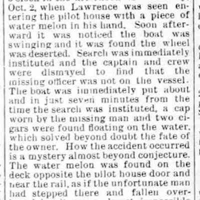Newspaper account of the drowning of Orrin Lawrence from the H.A. Root on October 2, 1890
