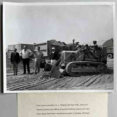 River Queen publicity photo: River Queen president, R. J. Peterson (3rd from left), points out location of executive offices at ground-breaking ceremony for new River Queen Boat Works manufacturing plant in Douglas, Michigan