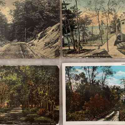 Forward Movement , Lake Shore Drive Sheet 05: The image shows four historic postcards depicting scenic routes of Lake Shore Drive Douglas Michigan and Saugatuck Michigan
, Swift Cottage / Forward Movement Park Saugatuck Michigan , Forward Movement Road Saugatuck, Michigan.