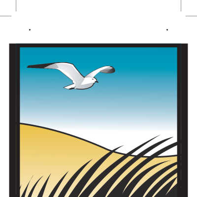 Graphic for the trail markers designed by Sally Winthers: A gull soaring over a dune to represent the beach and a heron surrounded by tall foliage to represent the bayou.