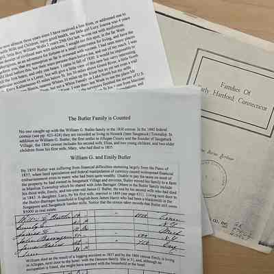 Letter transcript, Butler family census data [see 2023.50.111], photocopy of "Families of Early Hartford Connecticut"