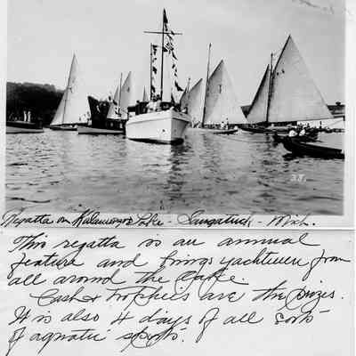 95 84 19 Regatta yachts.jpg 1.5MB: Original in box 31, envelope 95-84-19
Regatta on Kalamazoo Lake - This regatta is an annual feature and brings yachtsmen from all around the lake. Cash and trophies are the prizes. It is also four days of all sorts of aquatic sports.