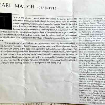 Carl Mauch biography, page 1 photocopy: from "The Michigan Experience: A traveling exhibition of the paintings of Michigan themes by Michigan artists in celebration of the state's sesquicentennial" Kresge Art Museum, Department of Art, Michigan State University, East Lansing. Sadayoshi Omoto and Eldon Van Liere, 1986-1987