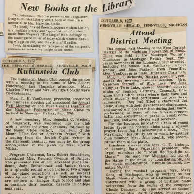 Newspaper clippings from the Rubinstein Club binder 8