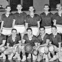          SHS1957Basketballteam.jpg 216KB; 1956-57 SHS Basketball Team
Thanks to Jodi Goshorn for sharing this photo of the 1956-57 Saugatuck High School Basketball team. Coached by Bud Whipple and Captained by her late husband Stanley (holding ball), varsity members included Ralph Birkholtz, Victor Mayer, Frank Lovejoy, Chuck Schoppe, Bob Brackenridge, Harvey Slotman, Bill Hedglin and Frank Lamb. Saugatuck was the smallest school in the Allegan-Van Buren League that year with 84 students in the top four grades.
The April 5, 1957 Commercial Record, covering the annual Rotary Banquet for Basketball Teams and Coaches, reported that the Saugatuck team was 