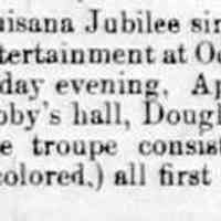          cr1880040901LouisianaJubileeSingers.jpg; Louisiana Jubilee singers at Oddfellow's Hall. Ad notes that the singers are 