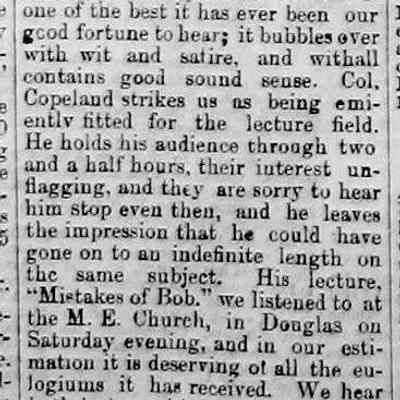 cr1880050701ColLFCopelandLectures.jpg: Colonel  L.F. Copeland lecture "Snobs and Snobbery" and "Mistakes of Bob"