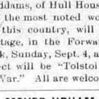          cr1904090204JaneAdamsSpeaksAtSwiftCottage.jpg; Jane Addams of Hull House, Chicago will speak at Swift Cottage in teh Forward Movement Park 