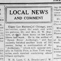          cr1923060108EdgarLeeMasters.jpg; Poet Edgar Lee Masters of Chicago visiting parents at H.W. Masters farm on the Lake Shore
   