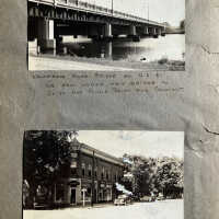          page 1 back; Kalamazoo River bridge on U.S. 31. We row under this bridge to go to Hot Pickle Point for Cook-out. Street scene in Saugatuck.
   