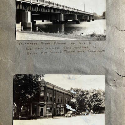 page 1 back: Kalamazoo River bridge on U.S. 31. We row under this bridge to go to Hot Pickle Point for Cook-out. Street scene in Saugatuck.