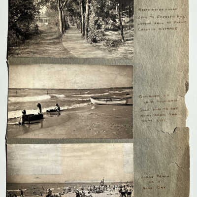page 2 front: Westminster Lodge walk to Emerson Hill Lytton Hall at right Cabin in Distance. Children on Lake Michigan. Such fun to get away from the dirty city. Lodge beach on a busy day.