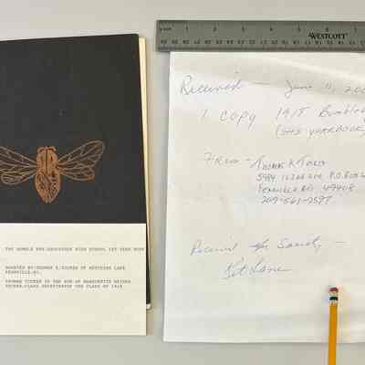 B. 2nd copy of Bumble Bee 1918 donated by Thomas K. Tucker of Hutchins Lake, Fennville, Michigan.: A note tucked inside the cover indicates that Thomas Tucker is the son of Marguerite Heinen Tucker, class secretary 1918.
