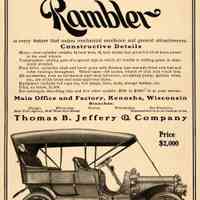          1907 black and white print ad for the Rambler Model 24 from Thomas B. Jeffery and Company of Kenosha, Wisconsin. The car was selling for $2,000.
   