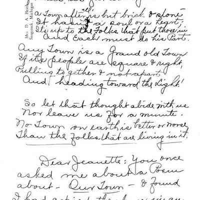 Facsimile of a letter written in 1949 from Saugatuck historian May Francis Heath to Jeannette (Walker) Barr, the daughter of Dr. Robert J. Walker who served Saugatuck for nearly 50 years beginning in 1895. Mrs. Heath was responding to a request by Mrs. Barr for a poem that Mrs. Heath had quoted at some club meeting. She makes no note about whether she wrote the poem in question or copied it from another source.