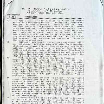 S.W. Eddy Autobiography Summary of Events After the Civil War