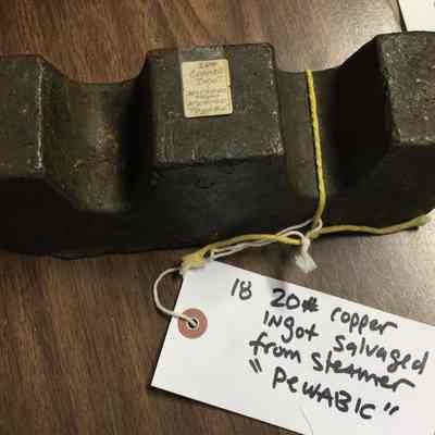 tag reads 20# copper ingot salvaged from steamer "Pewabic"