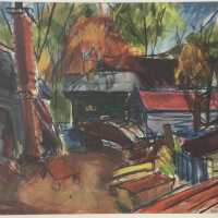          Watercolor painting of fishing shacks among trees
   