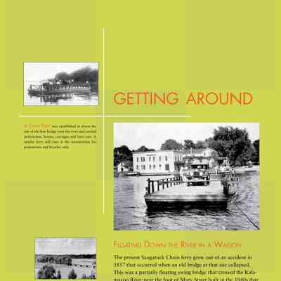 Getting Around: Floating Down the River in a Wagon
The present Saugatuck Chain ferry grew out of an accident in
1857 that occurred when an old bridge at that site collapsed.
This was a partially floating swing bridge that crossed the Kalamazoo
River near the foot of Mary Street built in the 1840s that
could be opened for large vessels. However, it was poorly built
and boats kept knocking it until one day in 1857 it collapsed
and dumped a wagon and oxen and two ladies into the river, all
of which floated gracefully along until the driver could summon
aid to the rescue.
A decade later, a more permanent bridge was constructed upriver
at the site of today’s Saugatuck-to-Douglas bridge. It was
in sections, one of which was a tree-lined causeway, one a trestle
bridge of sorts, and another was (at first) a draw bridge (later
a swing bridge) to allow boats to go upriver. The present much
shortened bridge was built in 1938 to convey the Blue Star
Memorial Highway over the river and has been improved and
widened several times.
