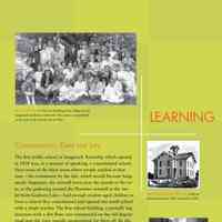          Learning; Consolidation, Early and Late
The first public school in Saugatuck Township which opened
in 1838 was, in a manner of speaking, a consolidated school.
Since none of the three areas where people resided at that
time – the community by the lake which would become Saugatuck;
Singapore, the sawmill town near the mouth of the river,
or the gathering around the Plummer sawmill at the outlet
from Goshorn Lake – had enough student-aged children to
form a school they consolidated and opened one small school
with a single teacher. The first school building, a partially log
structure with a dirt floor, was constructed on the old dugout
road near the river, equally inconvenient for them all. By the
1850s Saugatuck and Douglas had begun separate school systems
which would continue for more than a century before finally
consolidating in 1963 with an elementary school on the
southern edge of Douglas, and a Junior-Senior High school
on the hill in Saugatuck. Efforts by the state to foster consolidation
with Fennville were not successful. The first ballot
in 1970 lost in Saugatuck, 401-488, but passed in Fennville,
621-323. The second in 1971 was approved in Saugatuck,
524-363 but lost in Fennville. Then both districts gave up on
the idea and constructed new high schools.
   