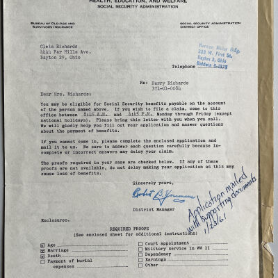 Social Security paperwork for Cleia Richards to obtain benefits from Harry Richards account [assumed to be her husband Harry C. Richards, Sr. 1875-1939]