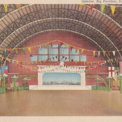 Interior, Big Pavilion with flags and penants: White border 9A-H1245, Parrish & Simonson, C.T. Art-Colortone, Curteich-Chicago