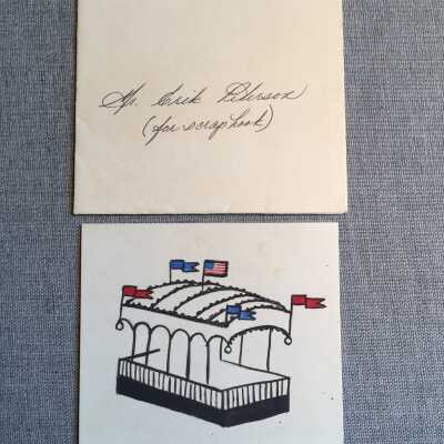 3.5x4 inch party invitation with illustration of Chain Ferry and envelope: Addressed to Mr. Erik Peterson (for scrapbook)