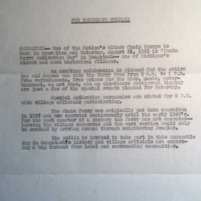 Press release for return of the Saugatuck Chain Ferry on August 21, 1965
