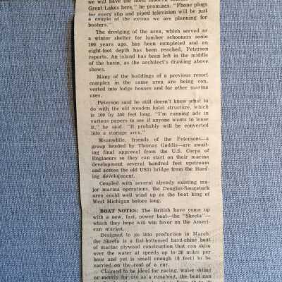 Article with architect's sketch of the to-be-built Tower Marina, bottom section: Grand Rapids Free Press, March 6, 1966
