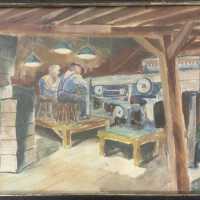          Watercolor depicting two workers at the fruit exchange
   