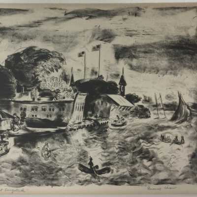 Lithograph print that depicts the Kalamazoo river and Big Pavilion