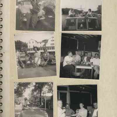 ES30008.JPG 748KB: Middle right - ES30008-1- At the Log cabin, Sandy Moker, Salt Bryan, Toad Davis, Bud Sewers
Lower left - ES30008-3- I think that's Jack Wilson
Lower right - ES30008-2- Sandy (Paul) Moker,  second from left Beely Boop, his name was Bruce nicknamed slewfoot cause he had a bad leg and dragged it, Toad [Davis].