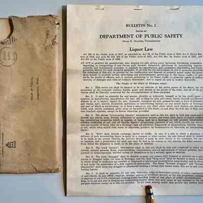 C. Bulletin No. 2 Department of Public Safety Liquor Law, 15-page document and enveloped mailed to Saugatuck Chief of Police. Postmarked 1931