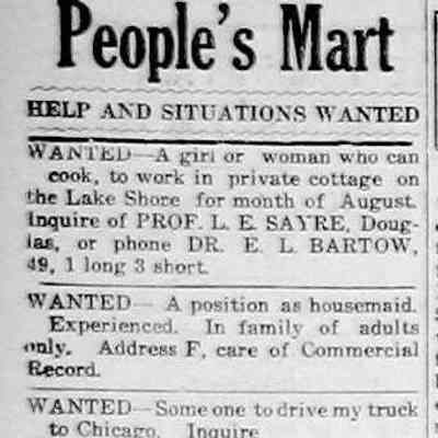 cr1921072908SayreBartowGirlWanted.jpg 27KB: 1921 Wanted -- Some one to drive my truck to Chicago. Inquire HUNTINGHOUSE