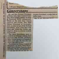          Gingersnaps newspaper clipping included in folder; Commercial Record 30 Aug. 1990, about visit by Richard Newnham of Mesa, Arizona, the son of Richard 