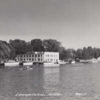          Real photo card of Mt. Baldhead Hotel and Kalamazoo River; 351-C by L.L. Cook Card Co., Milwaukee
   